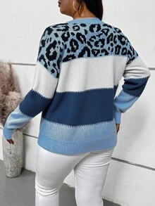 EMERY ROSE Suéter casual versátil de uso diario de otoño con contraste de color azul y blanco, estampado de leopardo, cuello redondo y talla grande, adecuado para uso diario y viajes en otoño e invierno - Azul y blanco - Ver 4