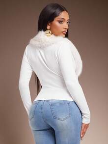 Radiana Fall/Winter Women's Sexy Casual White Fleece Collar Fitted Long Sleeve T-Shirt, Knit Undershirt, Retro Y2K Top, Autumn/Winter Faux Fur Top Fur Trim Top Fuzzy Top Street Style Tops Fur Collar Top Long Sleeve Fur Top White Fur Top White Tops Women - White - View 2