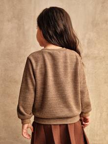 SHEIN 年轻女孩时尚针织毛衣，长袖圆领手工串珠设计套头衫，适合秋冬穿着 - 棕色 - 查看 2