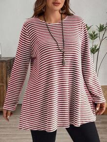 EMERY ROSE 加大码外出上衣女士休闲条纹印花长袖宽松T恤，女士冬季服装 - 酒紅色 - 查看 8