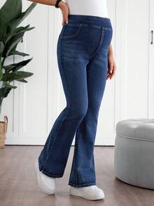 SHEIN 孕妇高腰纯蓝色休闲百搭牛仔裤 - 藍色 - 查看 3