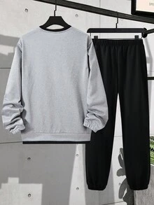2pcs/Set Tween Boy American Casual Crew Neck Pullover And Sports Pants Outfit - Black - View 2