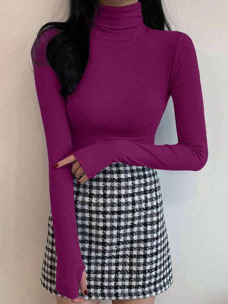 Women's Turtleneck Tight Fitting Thermal Lined T-Shirt Long Sleeve Top