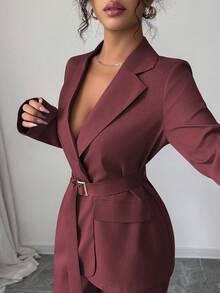 Selianne 2025春秋新款时尚优雅休闲/办公室通勤金属扣腰长袖外套+直筒宽松阔腿裤西装套装 - 酒紅色 - 查看 7