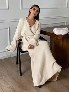 Livesso Women's Autumn V-Neck Loose Sweater Top And Casual A-Line Skirt 2 Pieces Set