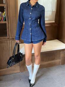 Siren Gaze 女士秋季长袖单排扣口袋牛仔衬衫和牛仔短裤休闲套装 - 深色水洗藍 - 查看 2