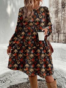 EMERY ROSE Vestido Casual de Gola Redonda Folgado Plus Size com Folha de Bordo e Floral Miúdo, Adequado para Festa de Outono/Inverno - Multicolorido - Visão 3