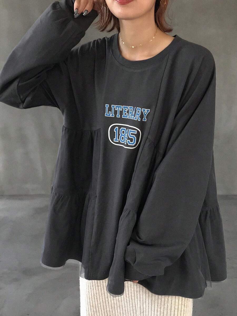 FRIFUL Áo thun nữ tay dài vải voan mỏng in chữ màu trắng, dáng rộng, dễ phối đồ, thích hợp mặc ngoài trời, áo thun họa tiết mùa thu - Màu xám đen - Xem 1