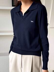 DAZY Women's Basic Casual Bow Collar Pullover Sweater - Navy Blue - View 4