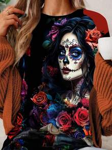 EMERY ROSE 休闲简约万圣节亡灵节女巫图案圆领宽松女式 T 恤 - 彩色 - 查看 6