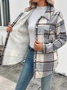 EMERY ROSE Women's Plaid Single-Breasted Casual Fleece Jacket, Autumn/Winter - Grey - View 8