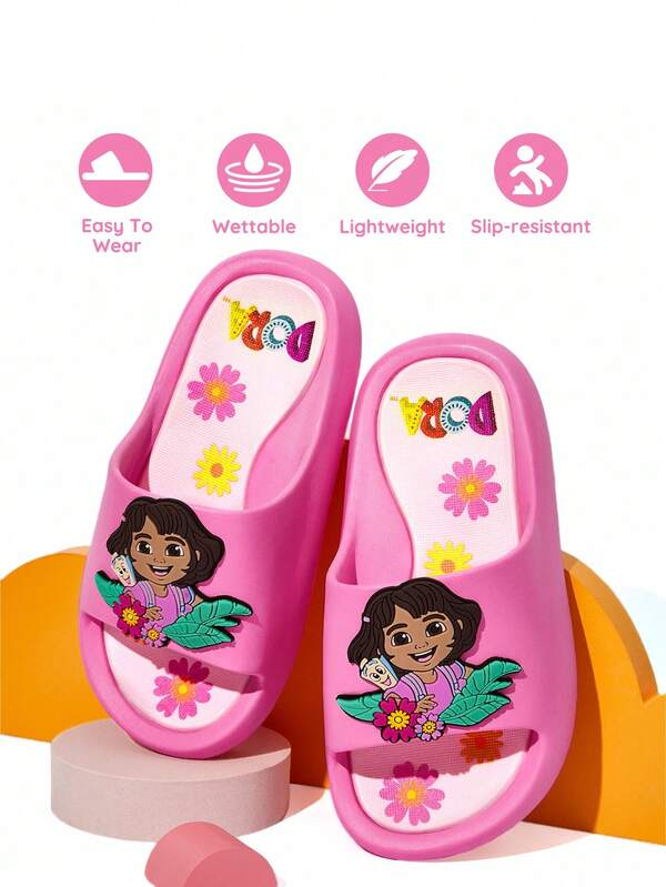 DORA | SHEIN Cute Cartoon Pink Girls Children's Grip-Enhancin Slippers Toddlers & Kids Quick-Drying Shower Slide, Lightweight And Durable EVA Material, In The House, Bthroom, Playground, Swimming Pool, Beach Indoor Outdoor,Flowers