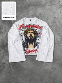 ROMWE MEN Street Life Men's Casual Fashion Street Jesus Pattern Rhinestone Flare Sleeve Pullover Hoodie, Spring/Autumn