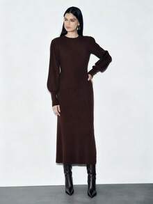 SHEIN Luminelle Women's Casual Fashion Young Minimalist Versatile Fitted Round Neck Lantern Sleeve Mermaid Hem Sweater Dress, Autumn/Winter