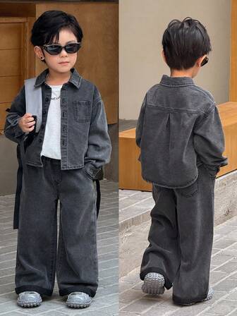 SHEIN 2件套小男孩灰色牛仔翻领长袖衬衫和宽松长裤套装