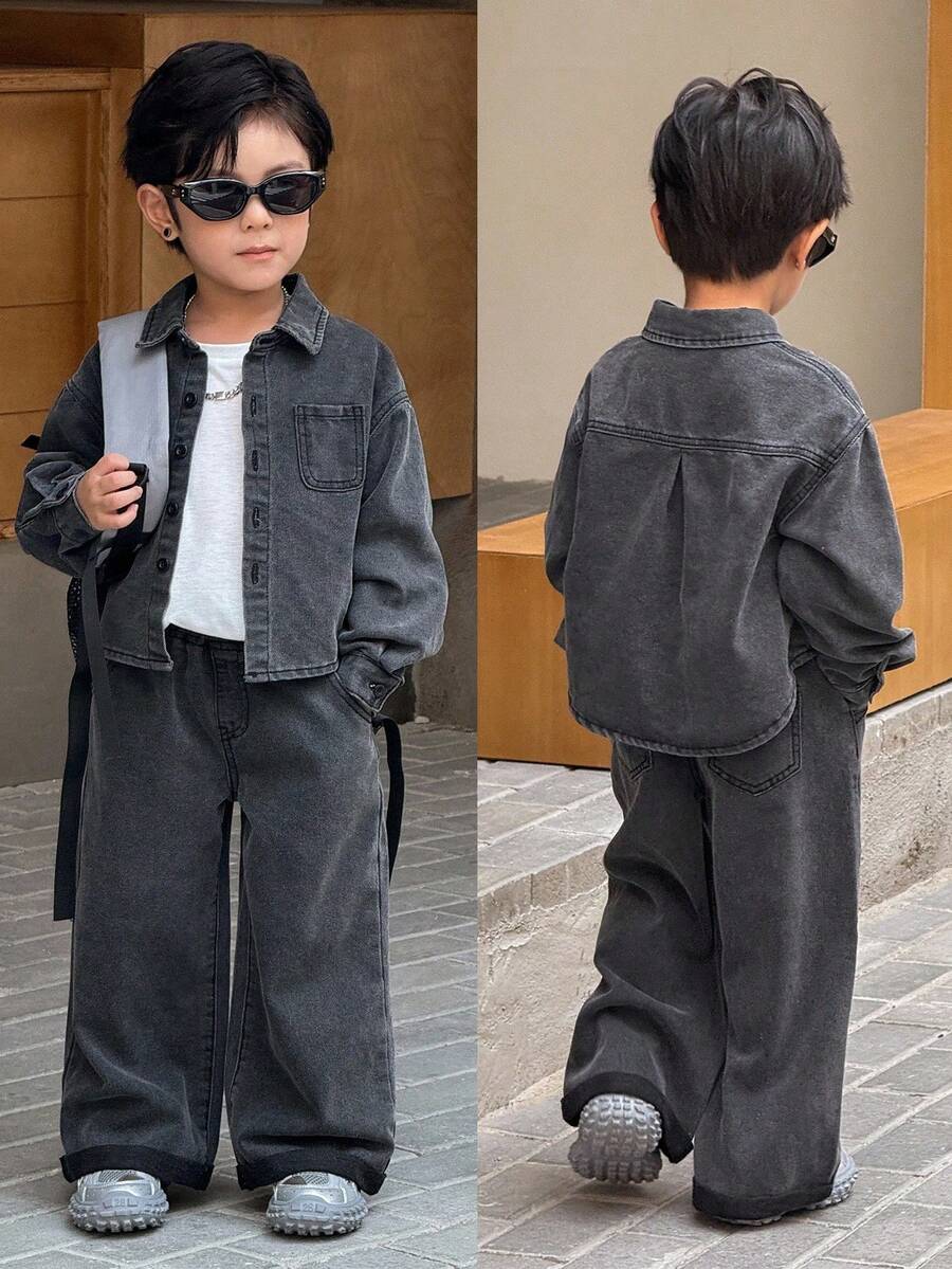 SHEIN 2件套小男孩灰色牛仔翻领长袖衬衫和宽松长裤套装