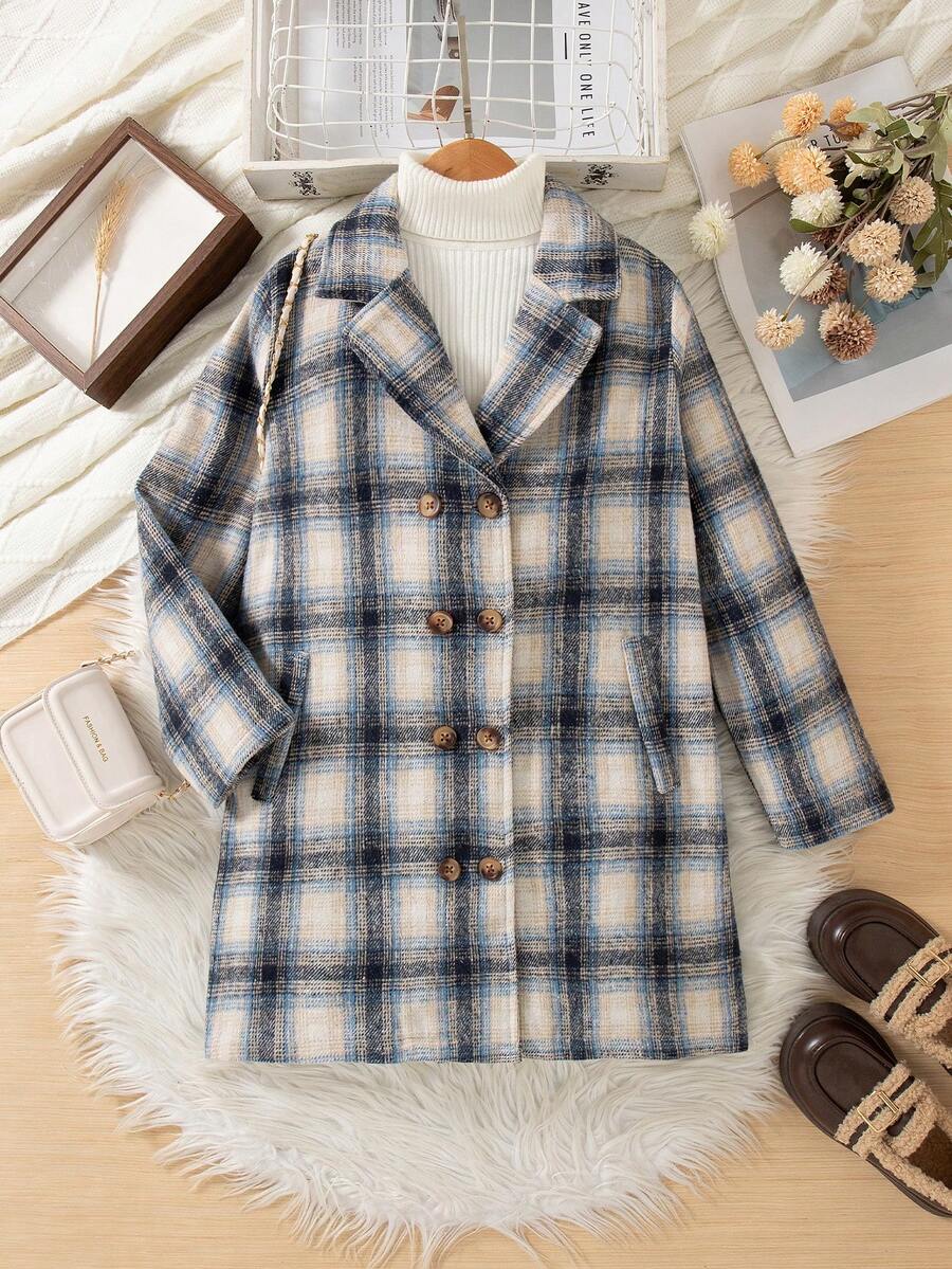 1pc Tween Girl Winter Jacket, Retro American Plaid Design, Small Lapel, Open Front, Fleece Fabric, Simple & Stylish, Versatile For Casual Wear & Commuting - Multicolor - View 1