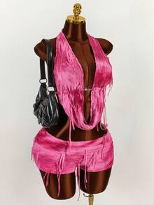 Amplova 深垂领露背短款上衣和破洞迷你短裤两件套 - 玫紅色 - 查看 7