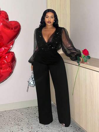 Slaydiva Slayr Plus Size Sexy Shiny Mesh V-Neck Jumpsuit, Date Night Outfit, Valentine's Day Dress