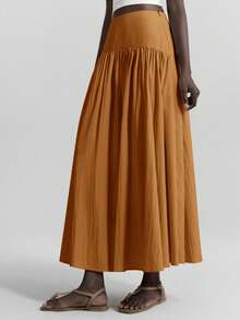 Ontre 女士高腰褶皱半身裙，面料柔软舒适，适合都市通勤、商务休闲、优雅办公穿着、教师等场合。 - 棕色 - 查看 4