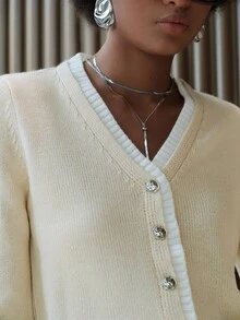 Lumivelle Cardigan sem mangas com decote em V 2 em 1 em cores contrastantes - Damasco - Ver 6