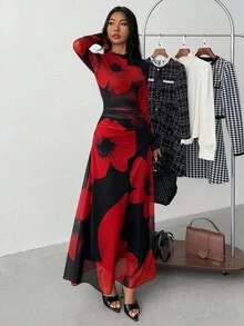 优雅纯色喇叭袖系腰连衣裙，适合少女正式场合，如学校、生日派对、晚会、表演、婚礼、洗礼、开幕式、日常穿着、学校、旅行、万圣节、舞会、音乐会 - 紅色 - 查看 1