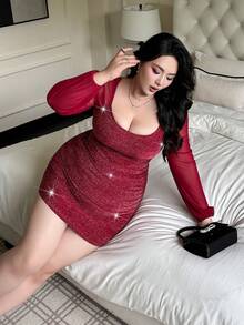 Flirla 大码女式优雅法式休闲金银丝线长袖连衣裙，派对装 - 紅色 - 查看 3