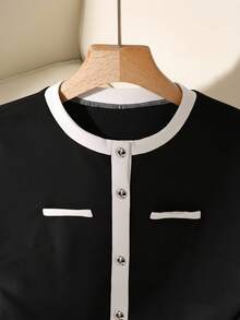 EMERY ROSE 女式撞色圆领短袖纽扣上衣和阔腿裤休闲两件套 - 黑色 - 查看 4