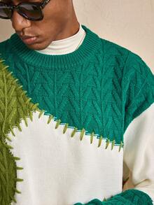 AKNOTIC Men's Casual Loose Fit Colorblock Crew Neck Long Sleeve Sweater, Autumn/Winter, Christmas