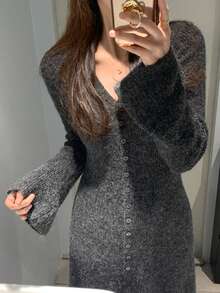 DAZY 女式超大V领单排扣长款开衫毛衣裙，法式优雅风格