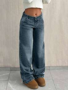 EURMUSE Baggy Loose Straight Leg Jeans mit niedriger Taille - Blau - Übersicht 3