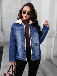 EMERY ROSE Women's Casual Single-Breasted Denim Jacket With Thermal Lined, Autumn/Winter - Medium Wash - View 4