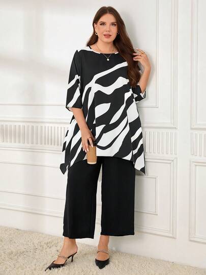 Miaspire Conjunto de 2 piezas de ropa de otoño para mujer de talla grande con diseño asimétrico, contraste de colores y estilo casual, top y pantalones