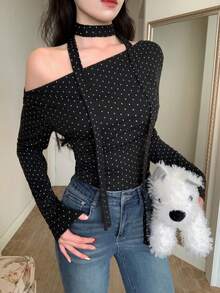 DAZY 韩版波点优雅无袖蝴蝶结长袖女式衬衫 - 黑色 - 查看 3