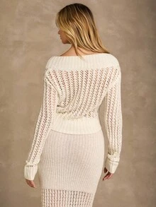 SHEIN Glamour 女士纯色镂空落肩长袖短款针织开衫 - 米色 - 查看 2