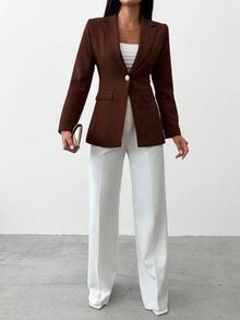 EURMUSE 女式纯色翻领长袖单排扣休闲/工作西装外套，秋季 - 棕色 - 查看 4