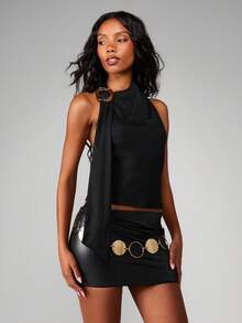 MISSGUIDED Halter Neck Sleeveless Top With Ring Detail And Open Back Design - Black - View 3