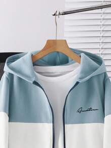 SHEIN Teen Boy Casual Loose Comfortable Versatile Colorblock Patchwork Sweatshirt Jacket, Suitable For Outings - Baby Blue - View 4
