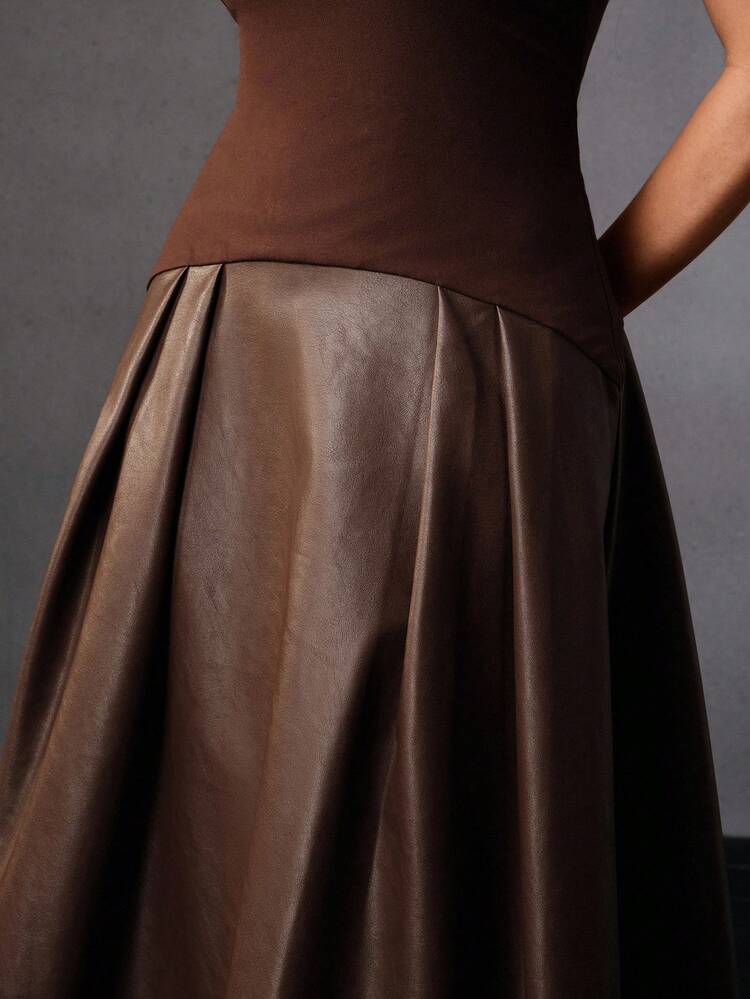 Women's Elegant Vintage Elastic Knit Spaghetti Strap Flared Dress, Brown Coffee Color, Suitable For Winter, Christmas, New Year Party