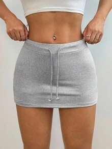 女士纯色修身超短高腰开衩系带裙 - 淺灰色 - 查看 3