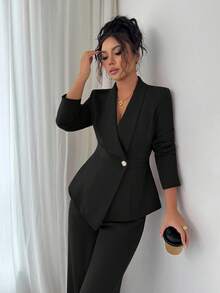Elenzga Women's Suit Set, Suit Fabric, Lapel Collar, Long Sleeve, Waist Cinched A-Line Asymmetric Hem, Metal Button Decor, Sophisticated & Elegant For Office, Commute, Street Style, French Romantic, Casual, Middle Eastern Vintage, Afternoon Tea, Party, Thanksgiving, Back To School, Spring/Autumn/Winter - Black - View 6