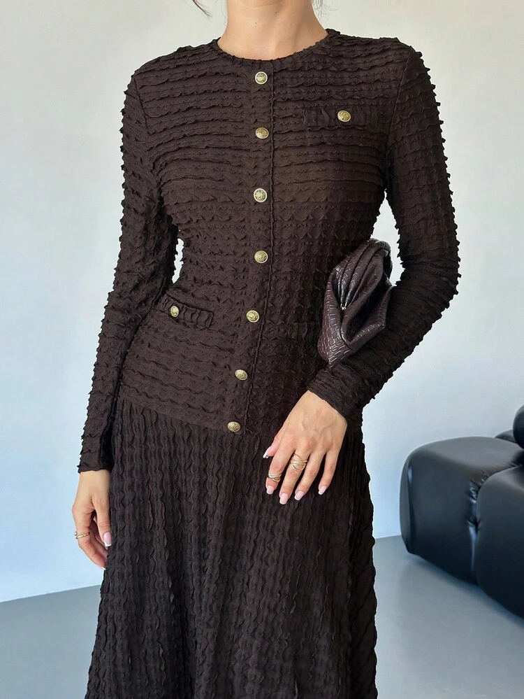 Lavishia Mocha Brown Textured Knit Bodycon Midi Dress, Fashionable & - Brown - View 7