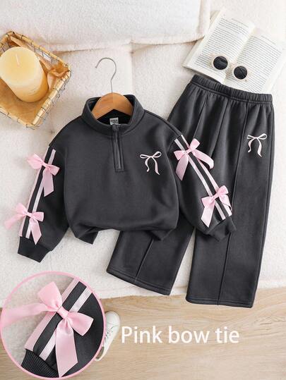 SHEIN 2pcs/Set Young Girls Cute Versatile Gray Bow Collar Sweatshirt Set, Autumn/Winter Teen Girls Clothes Set Kids Two Piece Sets Girls 2 Piece Set Autumn Winter Girl Set Sweatshirt Set For Girl Winter Young Girls Sets Sweatshirt Straight Pants Suit Tween Girl Teen Girl Clothes Teen Girls Sets Zipper Girl S Spring And Autumn Suit Girls Autumn Winter Casual Two Piece Set Girls Quarter Zip Sweatshirt And Pants Set With Pink Bow Details Toddler Kids Matching Outfit Girls Spring And Autumn Suit