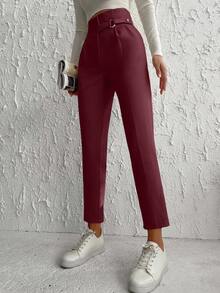 High Waist Belted Suit Pants With Slanted Pockets - Burgundy - View 4