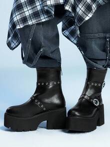 Sugerpunk 女士时尚厚底靴 - 休闲黑色圆扣双带粗跟踝靴 - 舒适一脚蹬 - 黑色 - 查看 4