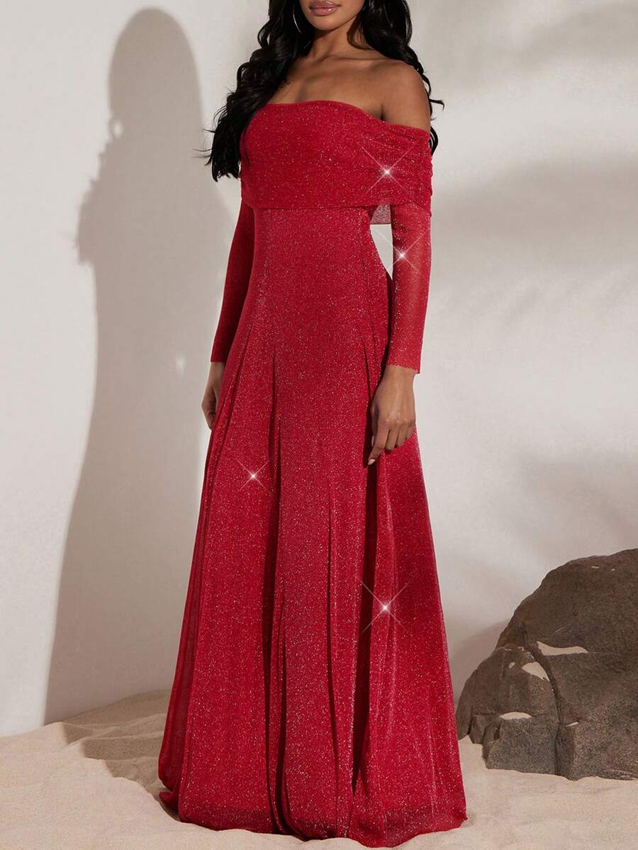 Opulessa Vestido elegante de manga larga con hombros descubiertos, plisado y de unicolor - Burdeos - Ver 1