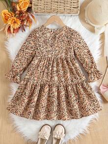 SHEIN Emery Rose Kids 年轻女孩碎花圆领泡泡袖修身休闲蛋糕 A 字连衣裙，秋冬，日常穿着，学校 - 卡其色 - 查看 6