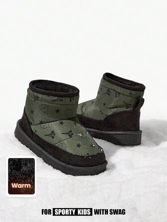 JNSQ 1 Pair Boys' Black & Green Flat Fashionable Casual Thermal Lined Slip-On Snow Boots, Comfortable For Winter Daily Outdoor Activities