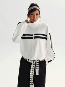 Dewbera 女式秋冬运动夹克，全拉链，立领，撞色条纹，口袋，长袖，宽松版型，适合日常休闲穿着，跑步，瑜伽，健身 2 件短套装女式网球裙长袖女式运动裙套装女式网球裙套装褶皱网球裙女式网球夹克女式网球裙套装 2 件网球服