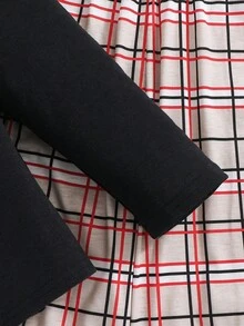 SHEIN 2 件套青少年男孩可爱熊图案圆领长袖 T 恤和格子裤睡衣套装 - 黑色 - 查看 6